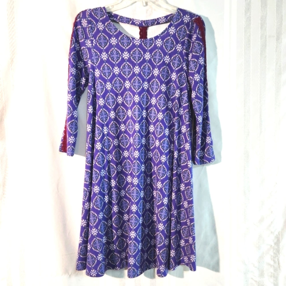 ANNALEE CASUAL DRESS PURPLE SCOOP NECKLINE A-LINE SILHOUETTE LONG SLEE SZ SMALL
